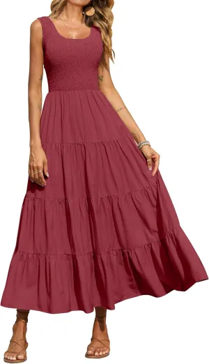 PRETTYGARDEN Women's 2025 Casual Loose Plain Maxi Sundress Smocked Tank Dress Sleeveless Summer Beach Tiered Long Dresses