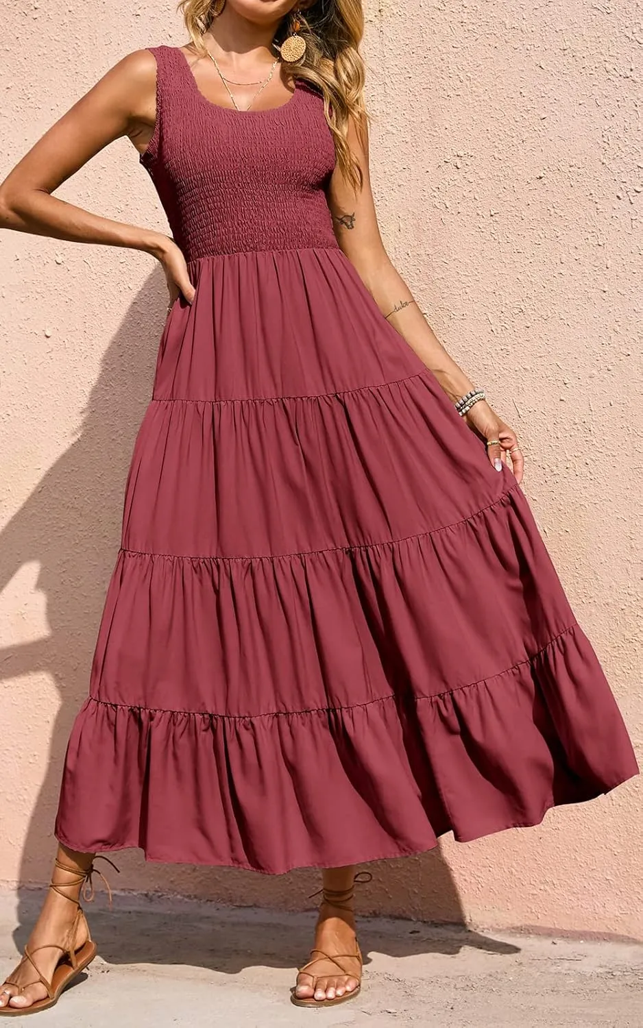 PRETTYGARDEN Women's 2025 Casual Loose Plain Maxi Sundress Smocked Tank Dress Sleeveless Summer Beach Tiered Long Dresses