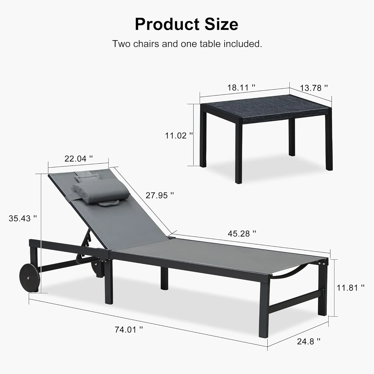 PURPLE LEAF Outdoor Tanning Lounge Chair Set with Face Hole Adjustable Reclining Chairs for Poolside Beach Wheels Pillows and Table Patio Aluminum Sunbathing Lounger Grey