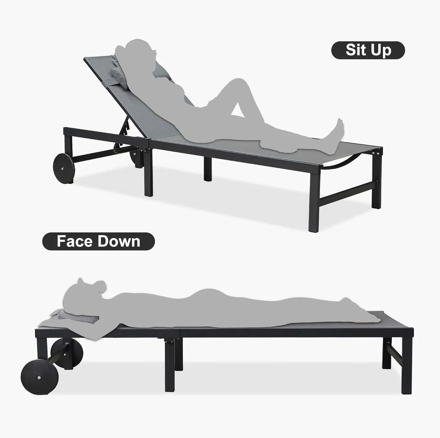 PURPLE LEAF Outdoor Tanning Lounge Chair Set with Face Hole Adjustable Reclining Chairs for Poolside Beach Wheels Pillows and Table Patio Aluminum Sunbathing Lounger Grey