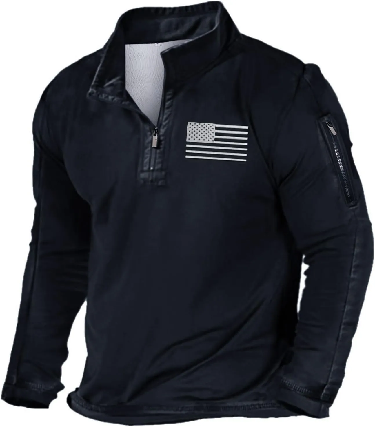 Quarter Zip Pullover Men American Flag Graphic Patriotic Tactical Sweatshirt Casual Stand Collar Top with Side Pocket