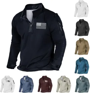 Quarter Zip Pullover Men American Flag Graphic Patriotic Tactical Sweatshirt Casual Stand Collar Top with Side Pocket