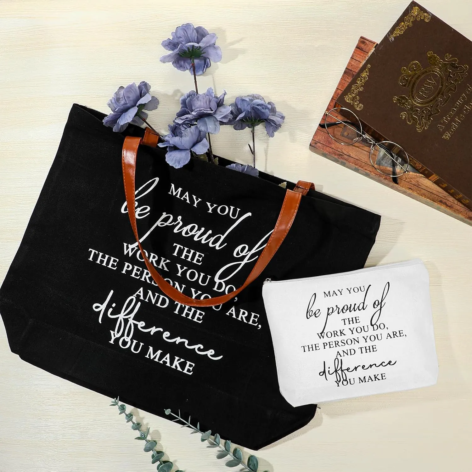 Queekay 2 Pcs May You Be Proud of the Work Sign Tote Bag Thank You Teacher Nurse Inspirational Gifts Totes Bags And Makeup Bag For Coworker Employee Work Travel Shopping