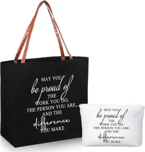 Queekay 2 Pcs May You Be Proud of the Work Sign Tote Bag Thank You Teacher Nurse Inspirational Gifts Totes Bags And Makeup Bag For Coworker Employee Work Travel Shopping