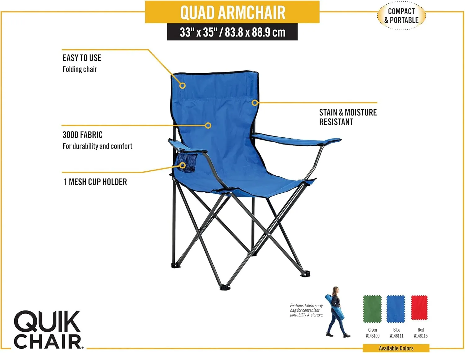 Quik Chair Portable Folding Chair with Arm Rest Cup Holder and Carrying and Storage Bag, Blue