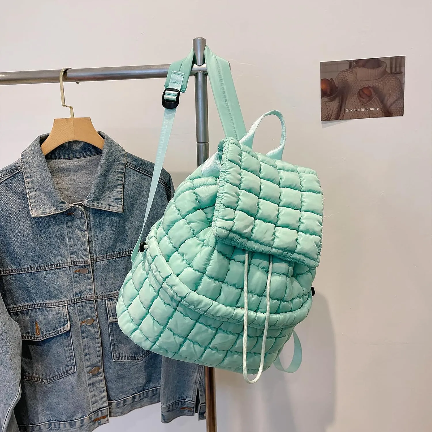 Quilted Puffer Backpack for Women - Trendy Drawstring Purse (Pine Green)