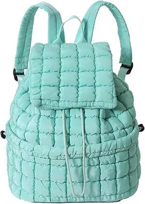 Quilted Puffer Backpack for Women - Trendy Drawstring Purse (Pine Green)
