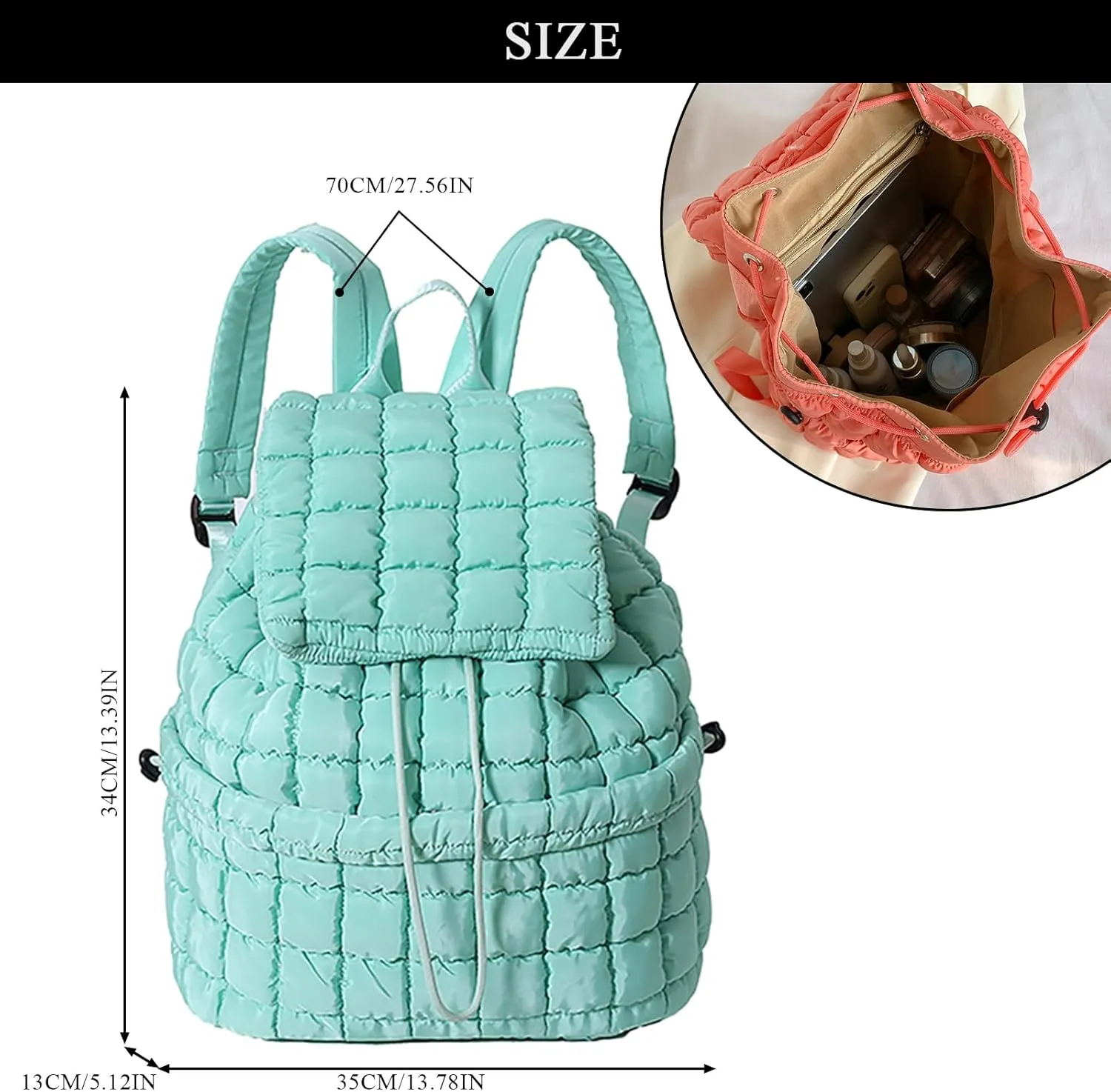 Quilted Puffer Backpack for Women - Trendy Drawstring Purse (Pine Green)