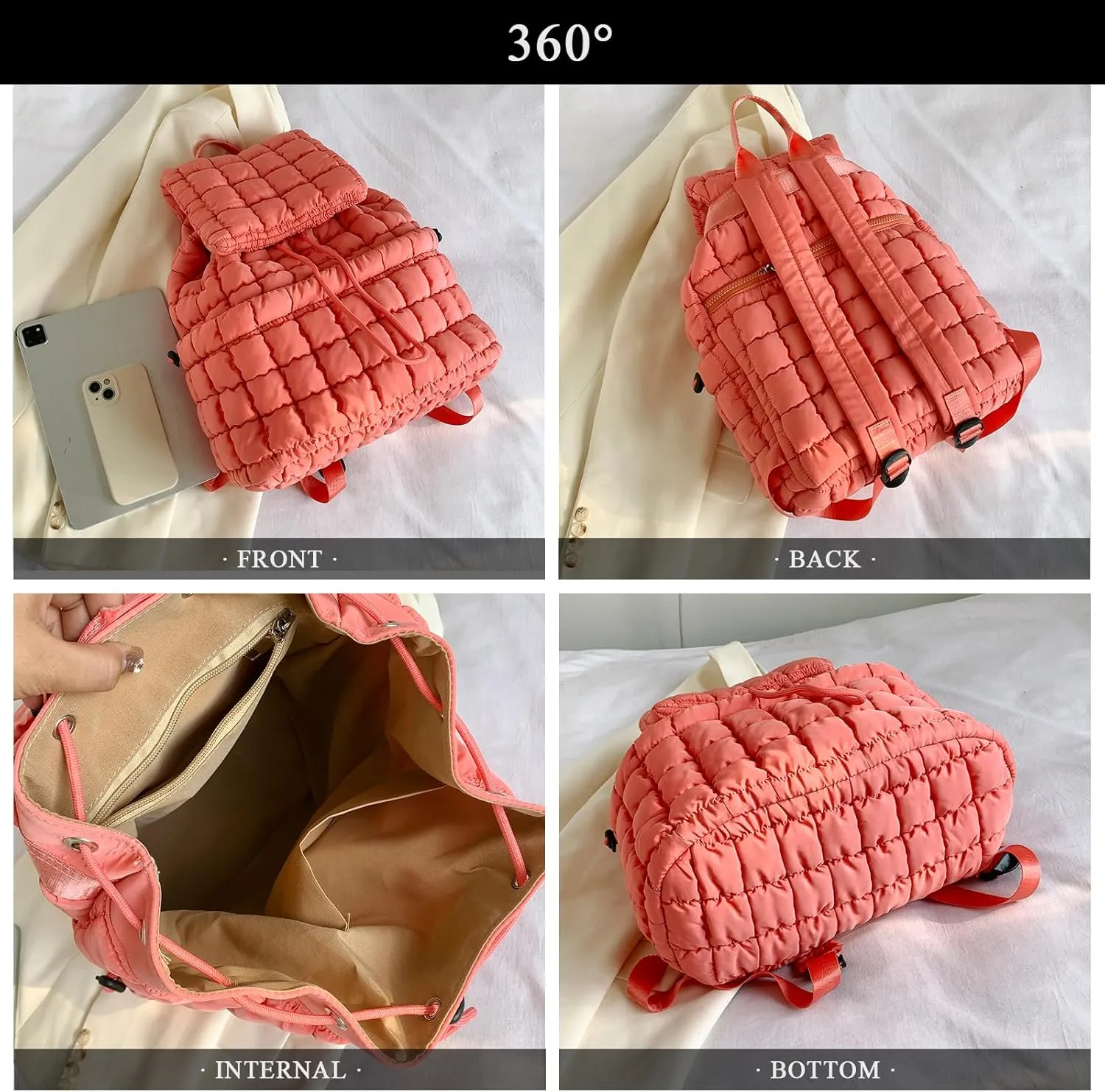 Quilted Puffer Backpack for Women - Trendy Drawstring Purse (Pine Green)