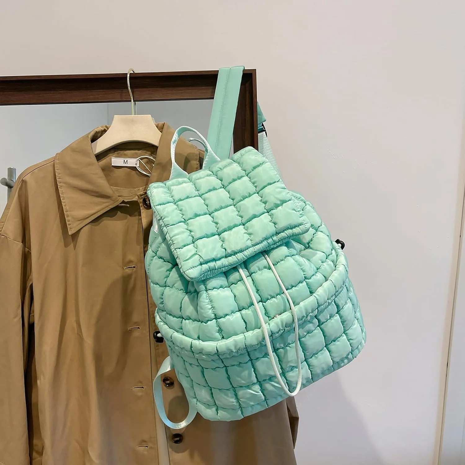 Quilted Puffer Backpack for Women - Trendy Drawstring Purse (Pine Green)
