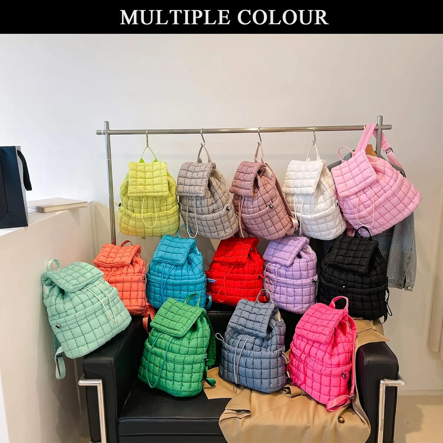 Quilted Puffer Backpack for Women - Trendy Drawstring Purse (Pine Green)
