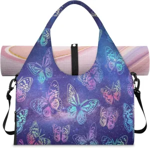 Rainbow Butterflies Women's Yoga Gym Bag - Adjustable shoulder strap with shoe compartment, large gym bag with multiple pockets for yoga mat, gym equipment and travel accessories
