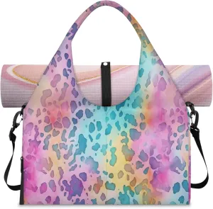Rainbow leopard print Women's Yoga Gym Bag - Adjustable shoulder strap with shoe compartment, large gym bag with multiple pockets for yoga mat, gym equipment and travel accessories