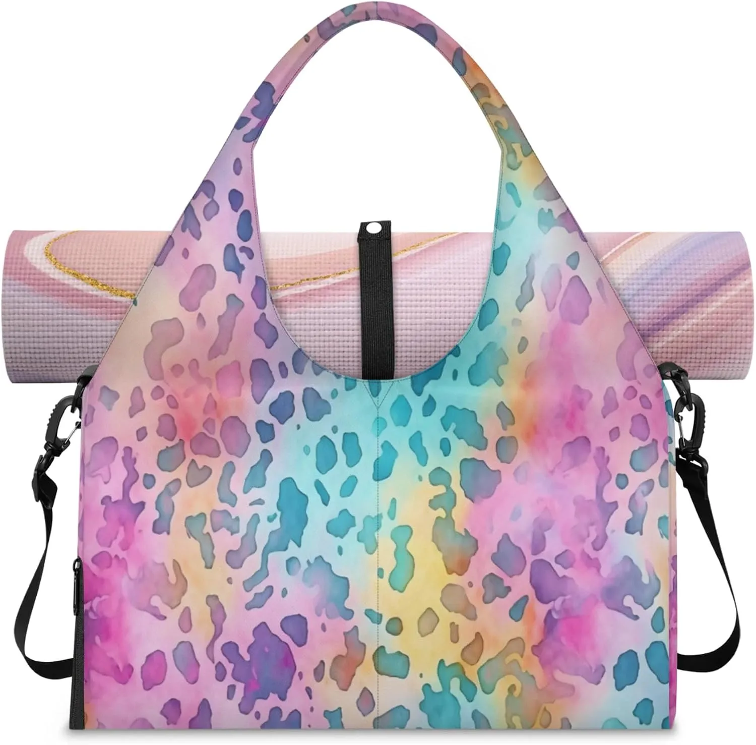 Rainbow leopard print Women's Yoga Gym Bag - Adjustable shoulder strap with shoe compartment, large gym bag with multiple pockets for yoga mat, gym equipment and travel accessories