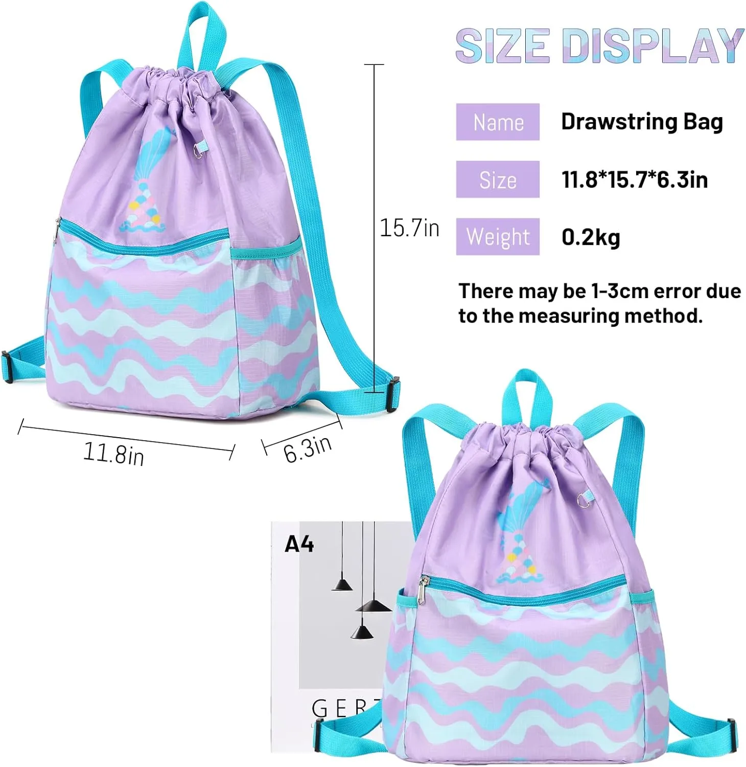 Rainbow Mermaid Drawstring Backpack String Bag Lightweight Gym Bag Sackpack Sports Backpack for Women Girls Gym Shopping Sport Yoga Blue Purple