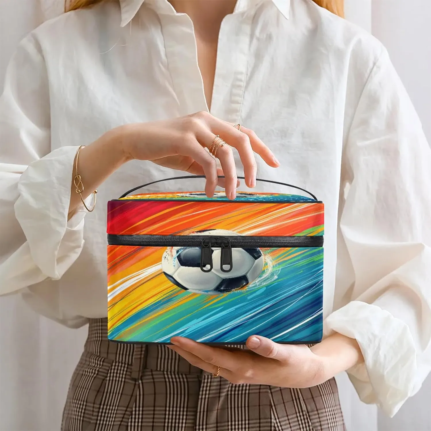 Rainbow Soccer Travel Toiletry Bag Large Capacity Makeup Case Organizer with Handle Cosmetic Case for Women Girls