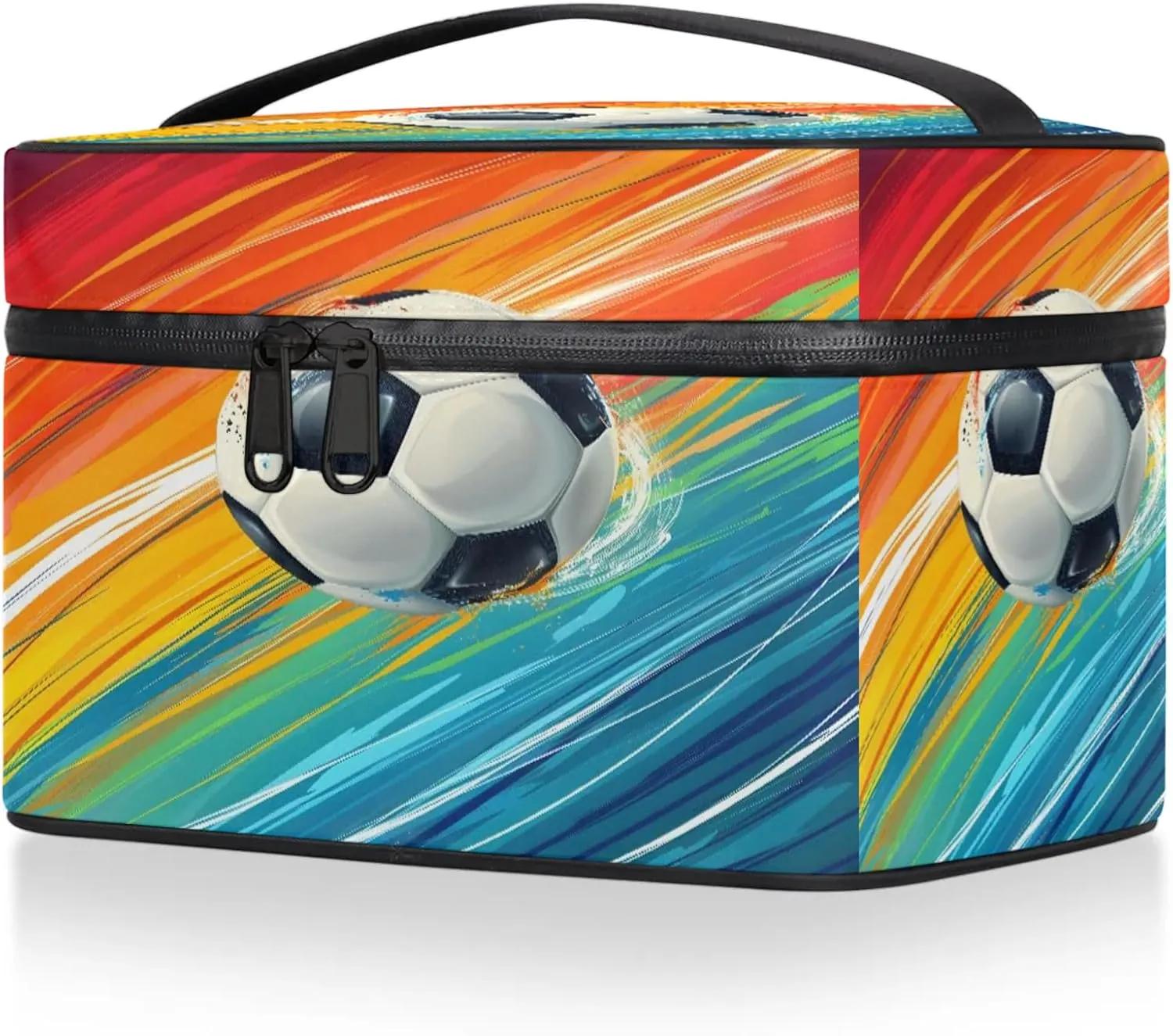Rainbow Soccer Travel Toiletry Bag Large Capacity Makeup Case Organizer with Handle Cosmetic Case for Women Girls