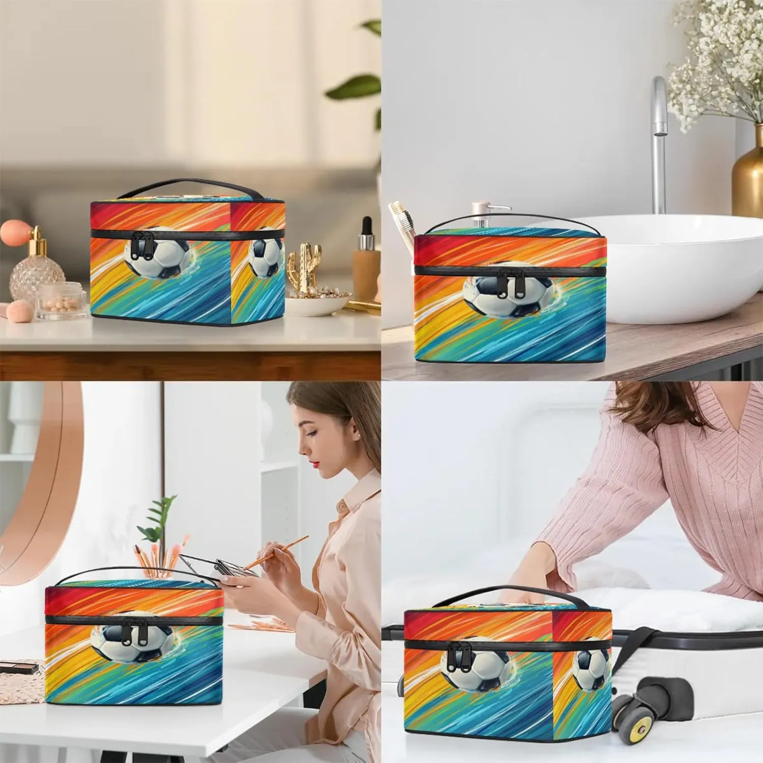 Rainbow Soccer Travel Toiletry Bag Large Capacity Makeup Case Organizer with Handle Cosmetic Case for Women Girls