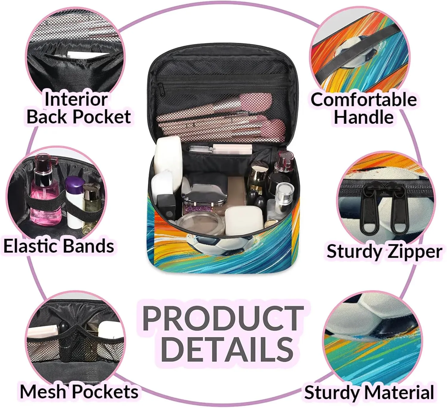 Rainbow Soccer Travel Toiletry Bag Large Capacity Makeup Case Organizer with Handle Cosmetic Case for Women Girls