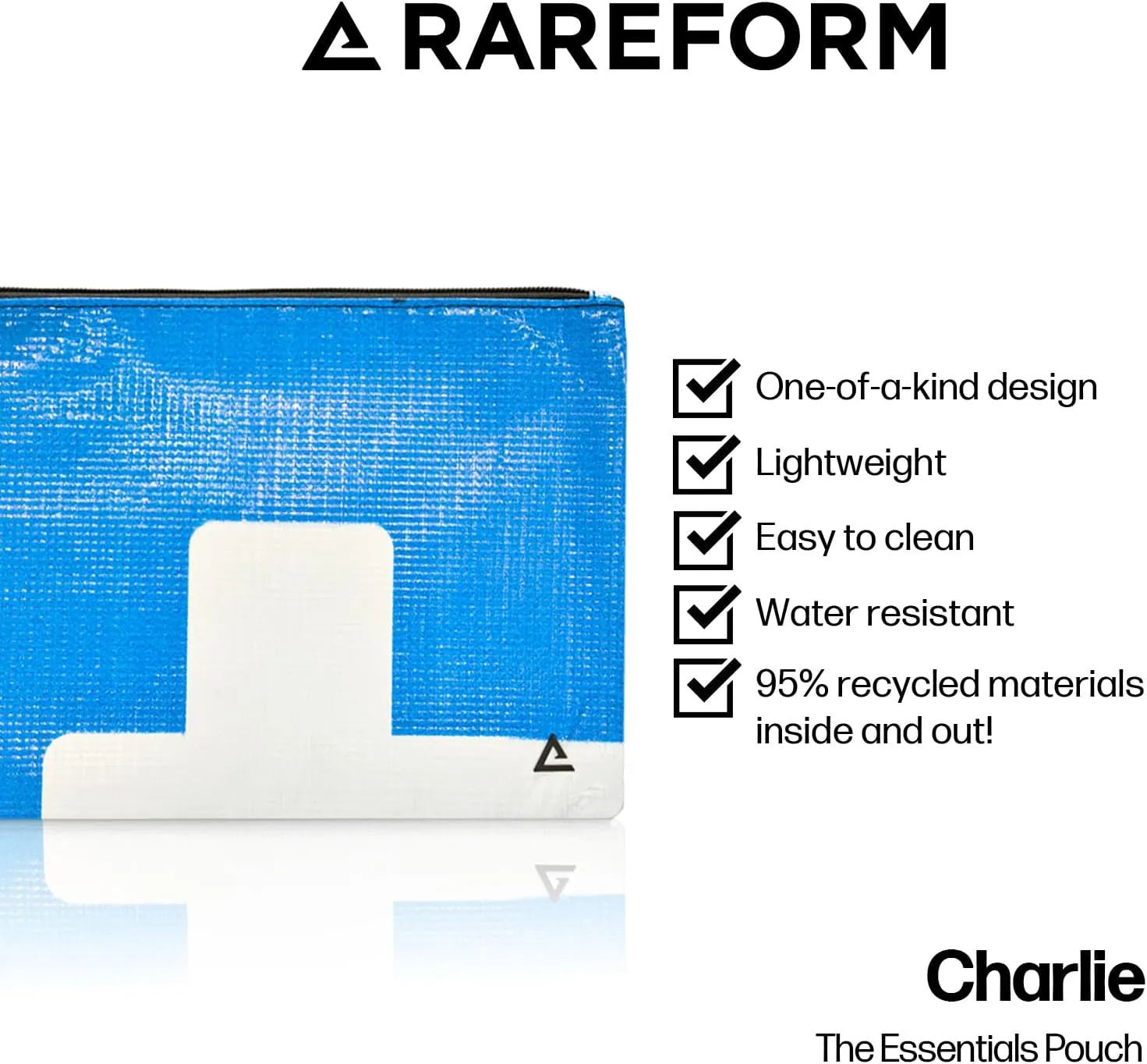 Rareform Charlie Pouch in Blue | Lightweight, Recycled Material, Water-Resistant & Easy to Clean | Inner Fleece Lining, Unique Design, Colors May Vary