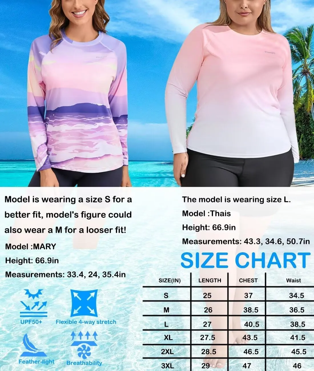 Rash Guard for Women UPF 50  Long Sleeve Shirts Surfing Swimming Tops Lightweight