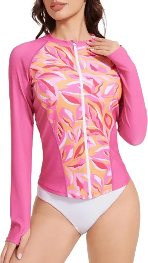Rash Guard for Women Zipper Long Sleeve Swimsuits Full Coverage Swim Shirt Rashguard Tops Uv Water Shirts for Ladies