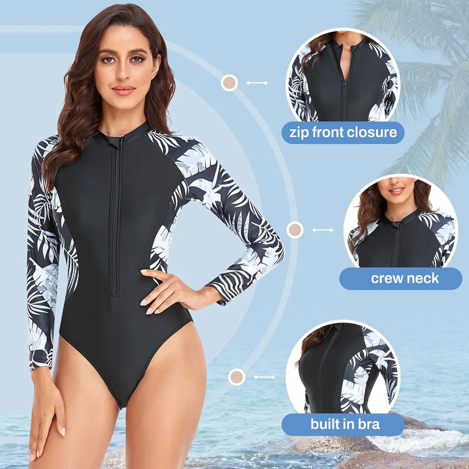 Rash Guard Long Sleeve One Piece Swimsuit for Women Zip Up Bathing Suits Sun Protection Swimwear with Built in Bra