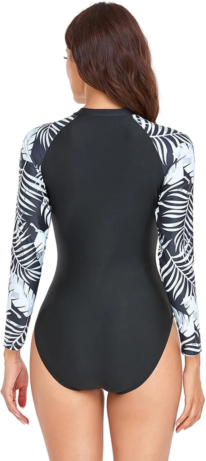 Rash Guard Long Sleeve One Piece Swimsuit for Women Zip Up Bathing Suits Sun Protection Swimwear with Built in Bra
