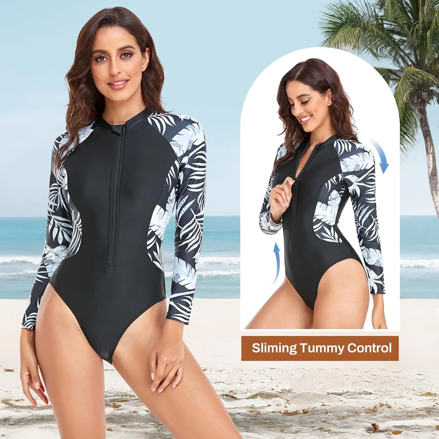 Rash Guard Long Sleeve One Piece Swimsuit for Women Zip Up Bathing Suits Sun Protection Swimwear with Built in Bra
