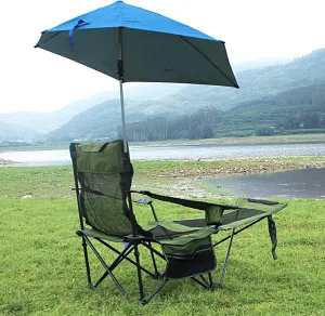 Reclining Beach Chair with Umbrella and Detachable Footrest Camping Chairs for Adults 600D Oxford Fabric Load Capacity 150kg Folding Outdoor Chairs for Fishing, Camping(Green)