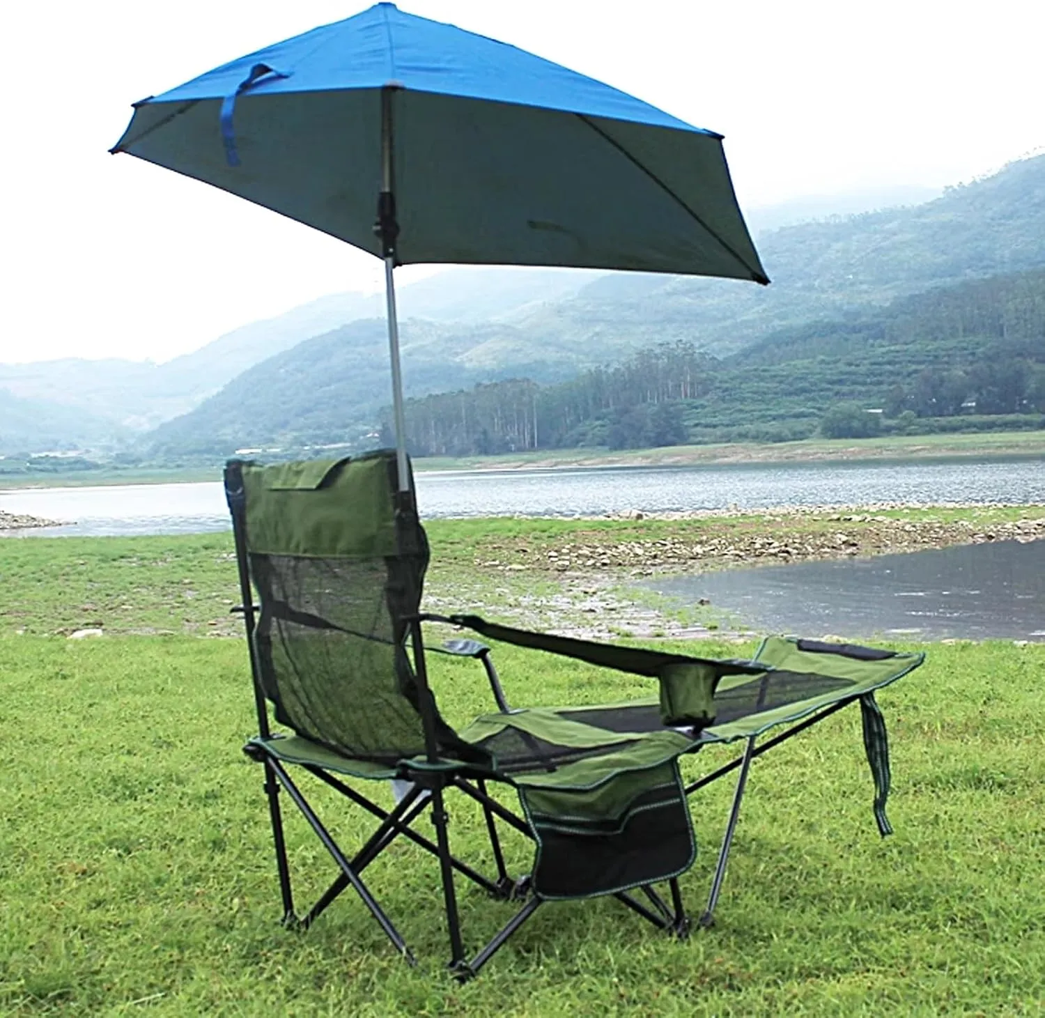 Reclining Beach Chair with Umbrella and Detachable Footrest Camping Chairs for Adults 600D Oxford Fabric Load Capacity 150kg Folding Outdoor Chairs for Fishing, Camping(Green)