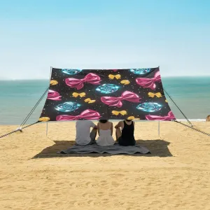 Red Bows Shining Gemstones Beach Canopy Tent Anti-UV & Wind Resistant, Camping Sun Shelter Easy Setup Portable,Outdoor Shade Tents with Sandbags,Sand Shovels,Ground Pegs & Stability Poles
