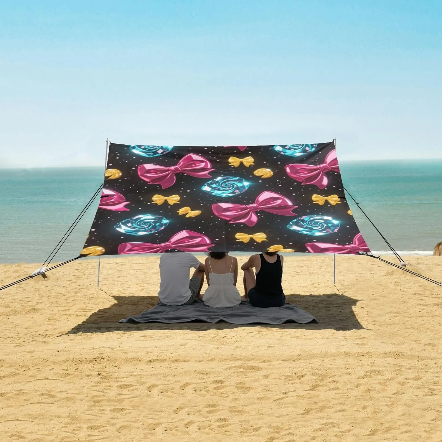 Red Bows Shining Gemstones Beach Canopy Tent Anti-UV & Wind Resistant, Camping Sun Shelter Easy Setup Portable,Outdoor Shade Tents with Sandbags,Sand Shovels,Ground Pegs & Stability Poles