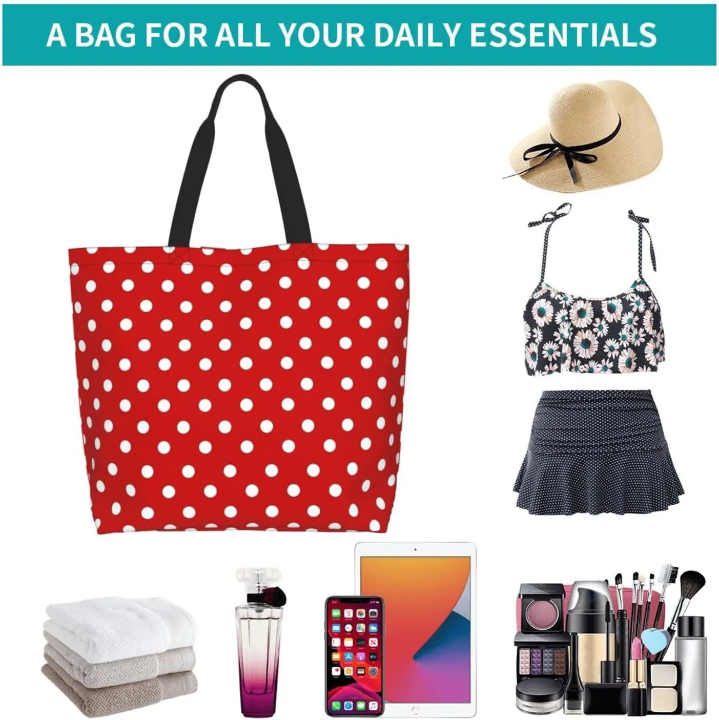 Red Polka Dots Tote Bag Large Shopping Beach Totes Bags Reusable Grocery Bag for Women Men