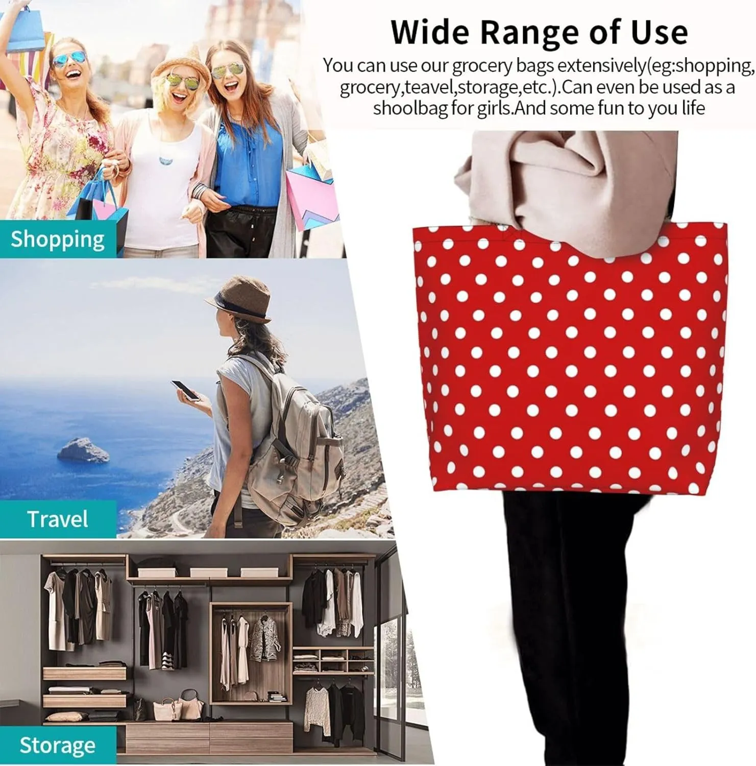 Red Polka Dots Tote Bag Large Shopping Beach Totes Bags Reusable Grocery Bag for Women Men