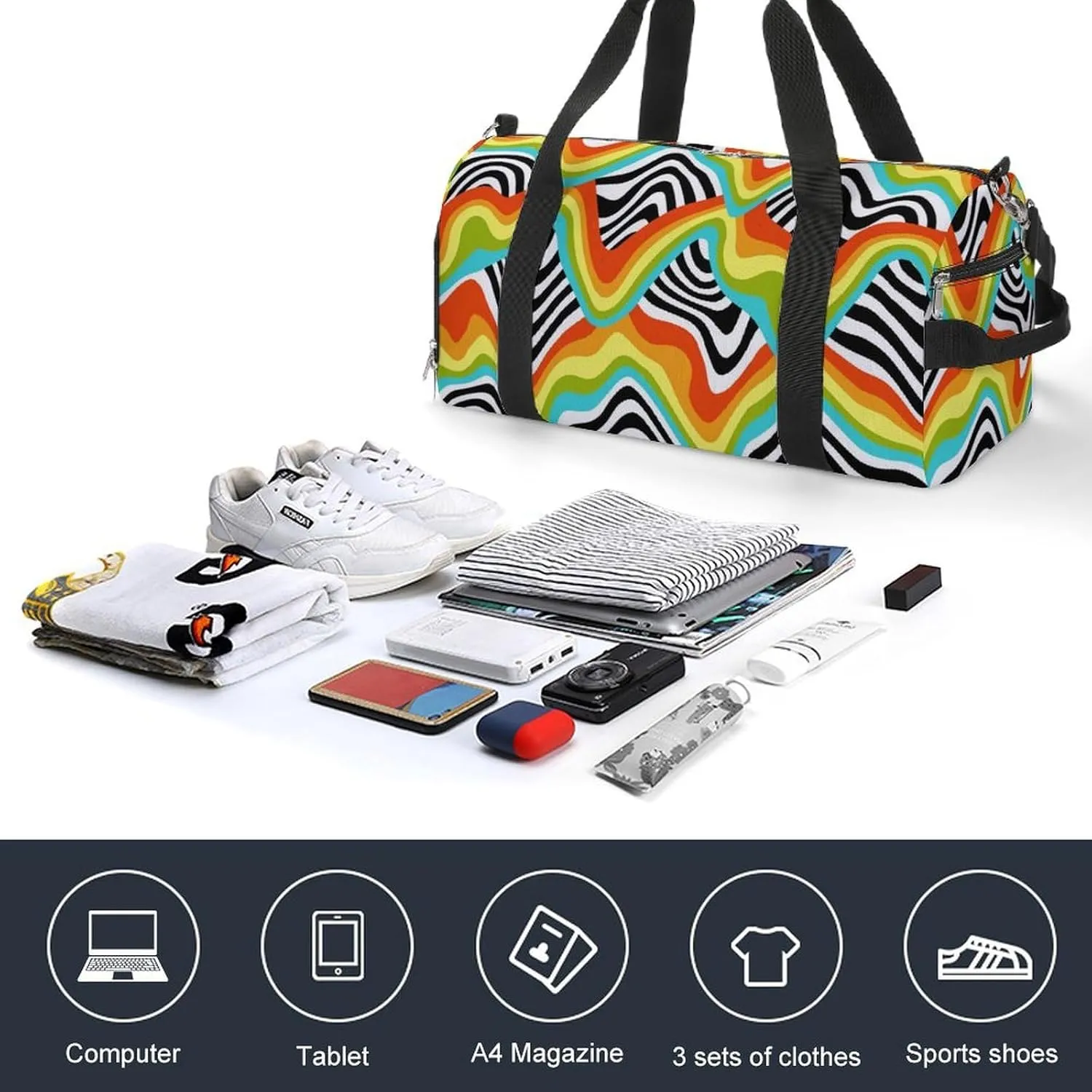 Retro 60s 70s Psychedelic Rainbow Wave Fitness Large Gym Bag for Unisex with Shoe Compartment & Wet Pocket