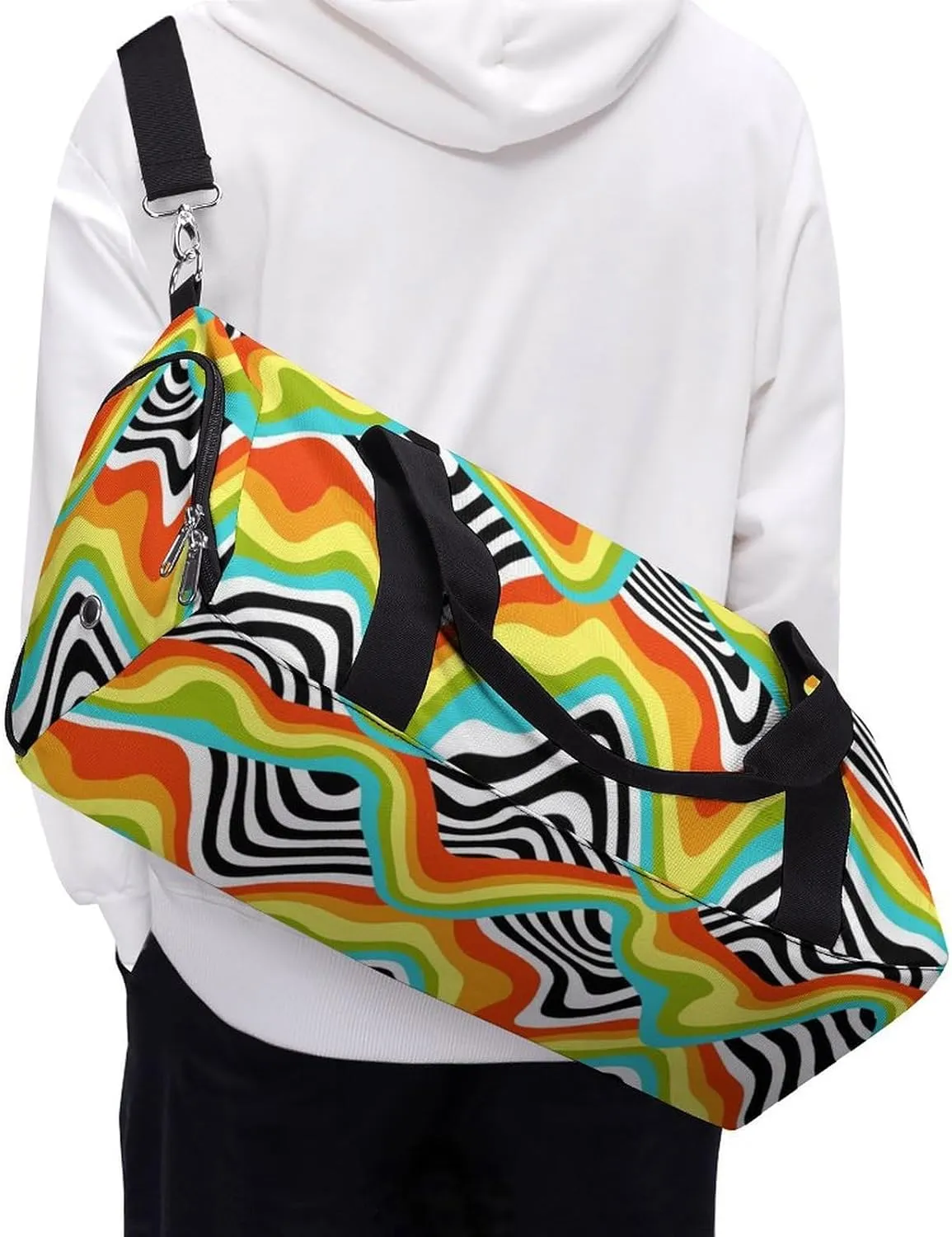 Retro 60s 70s Psychedelic Rainbow Wave Fitness Large Gym Bag for Unisex with Shoe Compartment & Wet Pocket