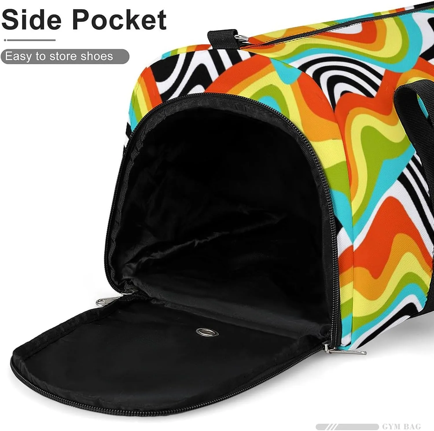 Retro 60s 70s Psychedelic Rainbow Wave Fitness Large Gym Bag for Unisex with Shoe Compartment & Wet Pocket