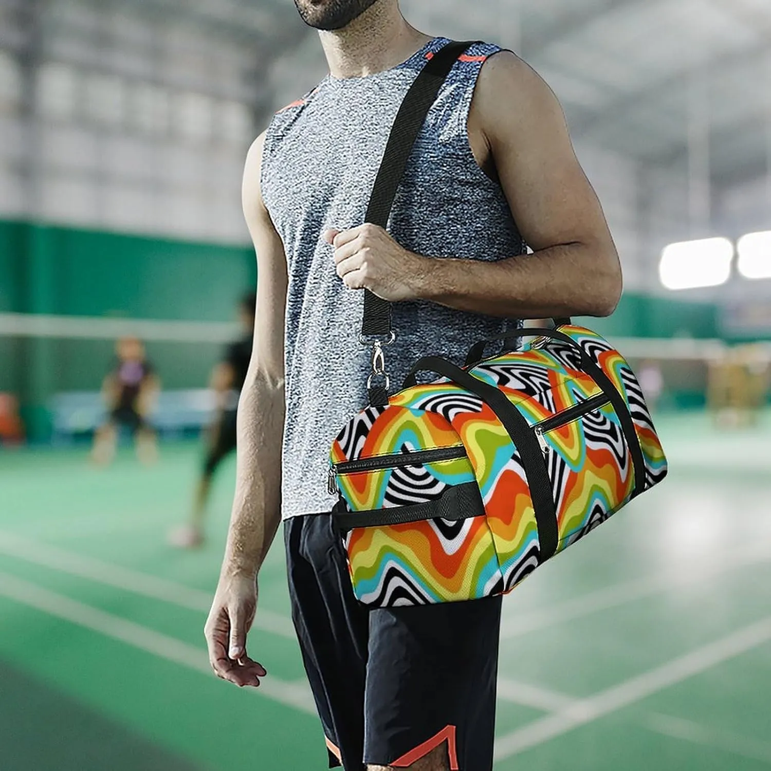 Retro 60s 70s Psychedelic Rainbow Wave Fitness Large Gym Bag for Unisex with Shoe Compartment & Wet Pocket