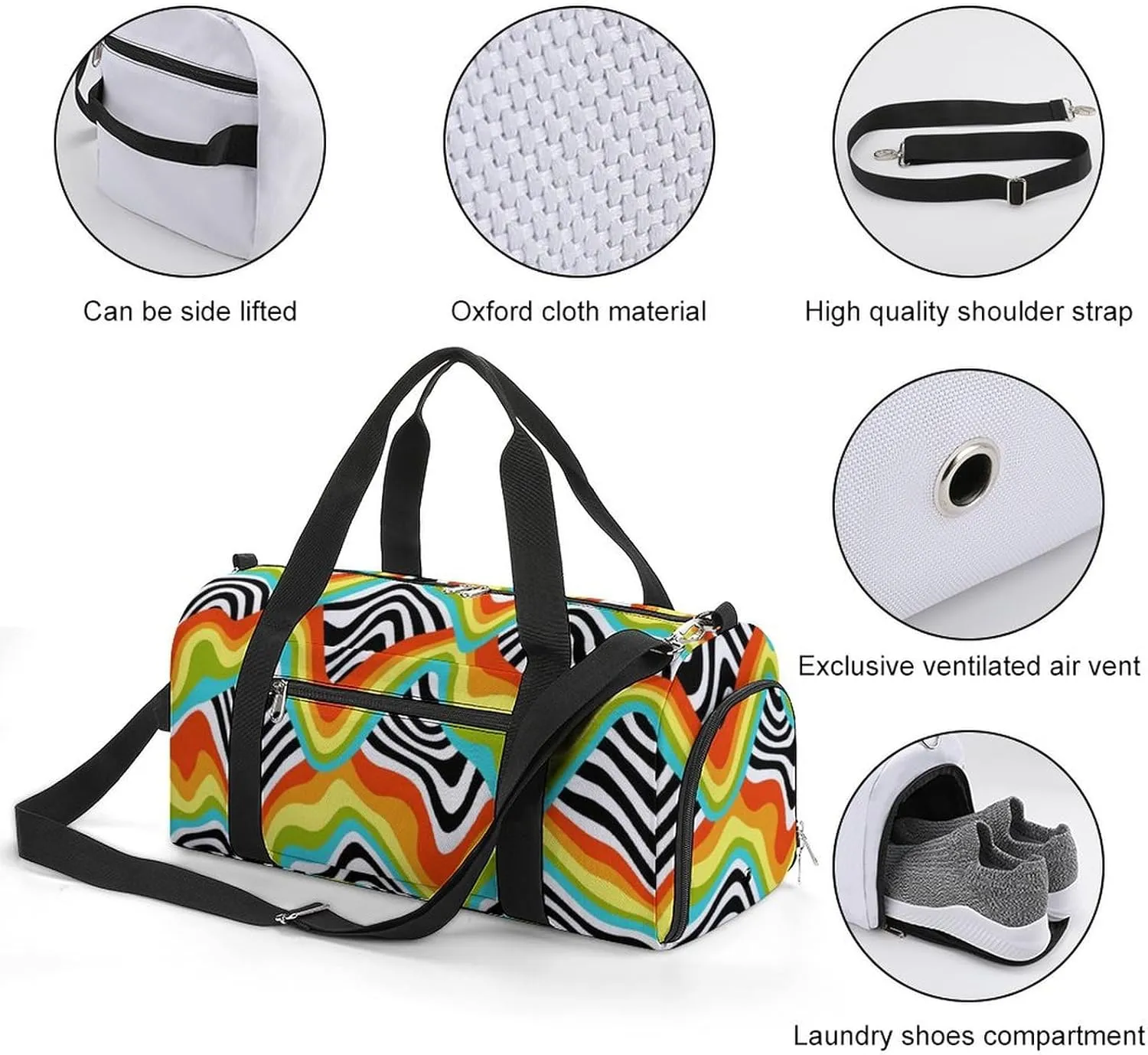 Retro 60s 70s Psychedelic Rainbow Wave Fitness Large Gym Bag for Unisex with Shoe Compartment & Wet Pocket