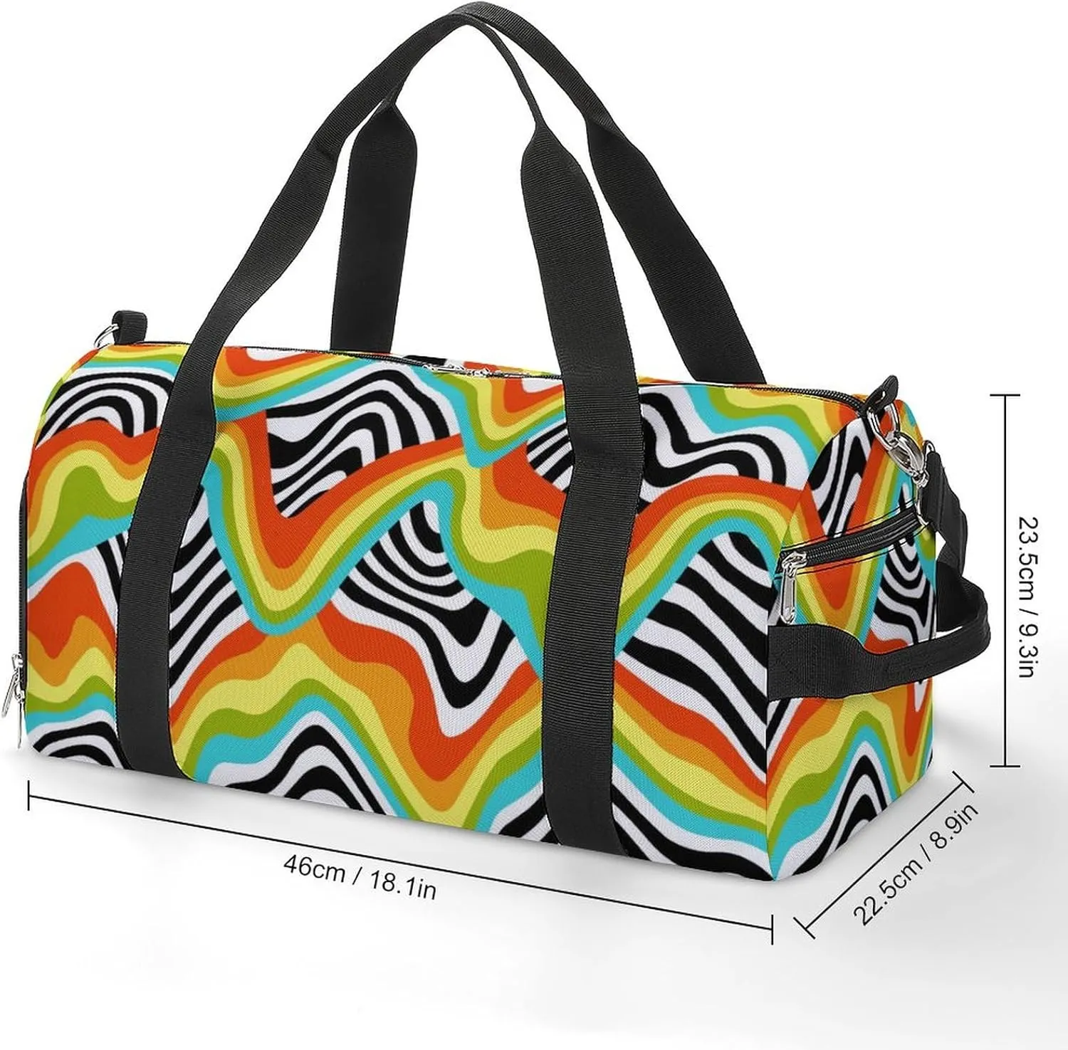 Retro 60s 70s Psychedelic Rainbow Wave Fitness Large Gym Bag for Unisex with Shoe Compartment & Wet Pocket