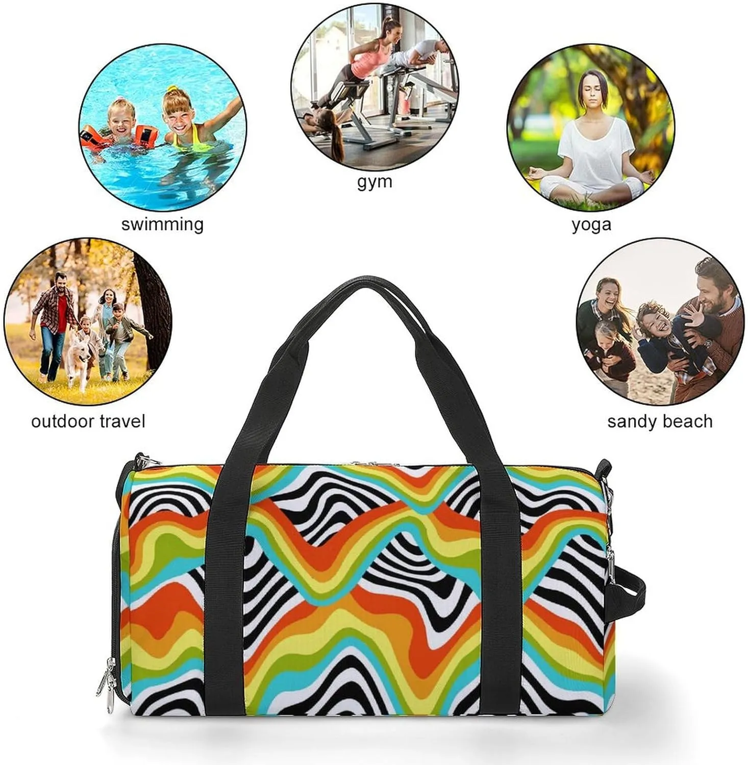 Retro 60s 70s Psychedelic Rainbow Wave Fitness Large Gym Bag for Unisex with Shoe Compartment & Wet Pocket