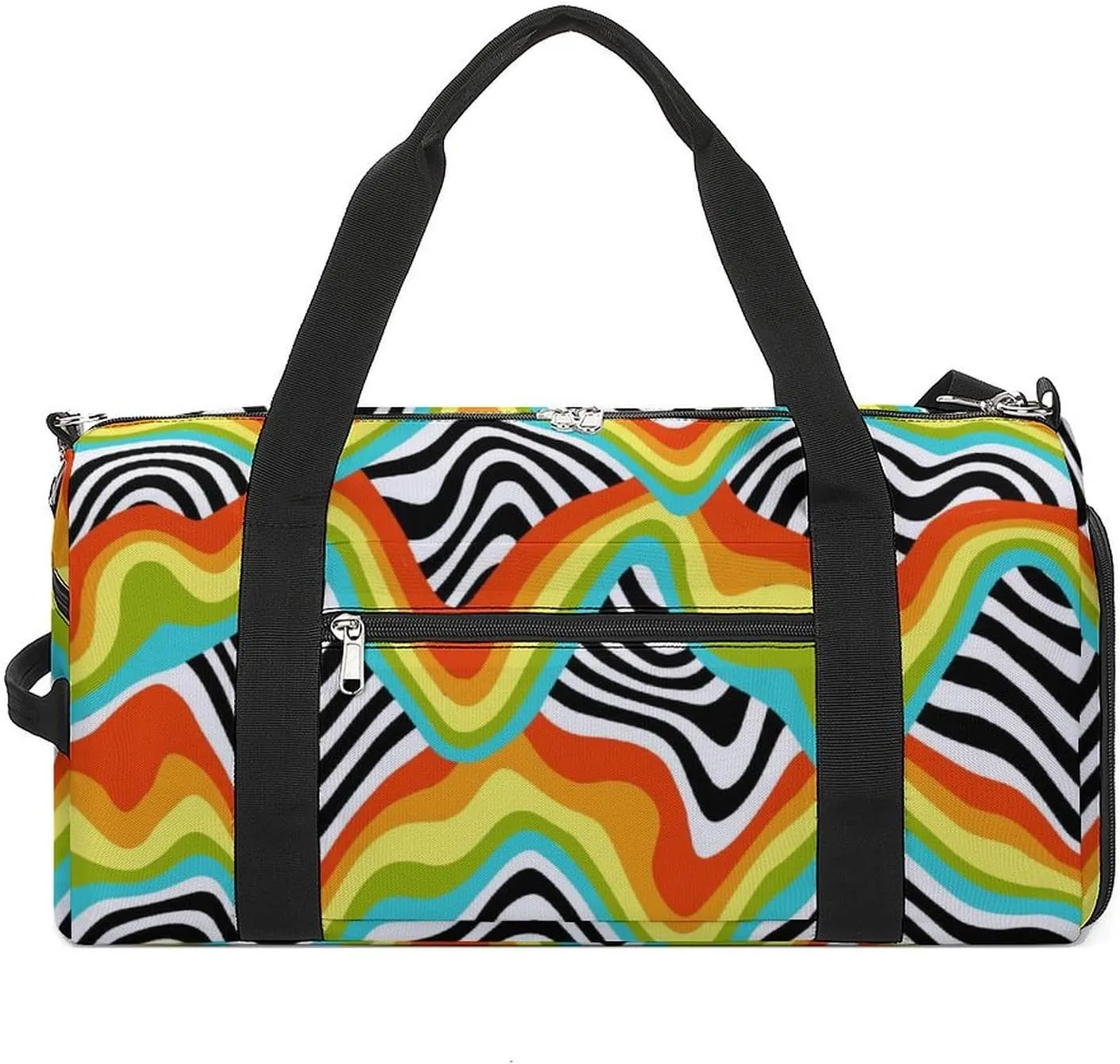 Retro 60s 70s Psychedelic Rainbow Wave Fitness Large Gym Bag for Unisex with Shoe Compartment & Wet Pocket