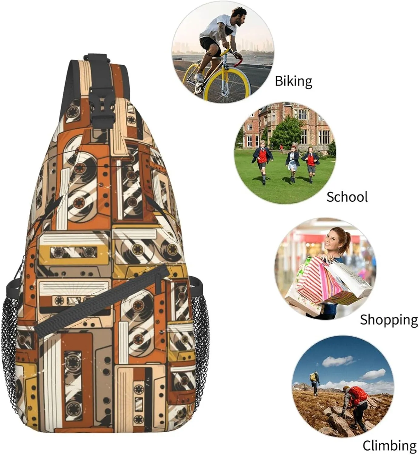 Retro Cassettes Crossbody Bag Recorder Shoulder Bag Backpack Retro Sling Bag Chest Casual Daypack Outdoor