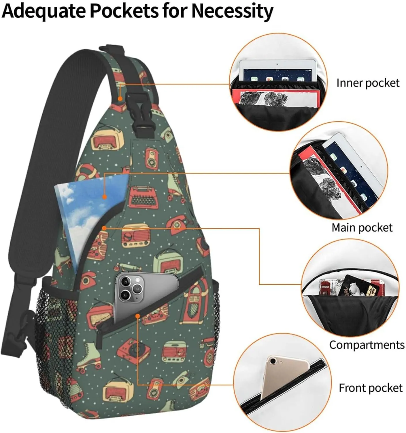Retro Cassettes Crossbody Bag Recorder Shoulder Bag Backpack Retro Sling Bag Chest Casual Daypack Outdoor