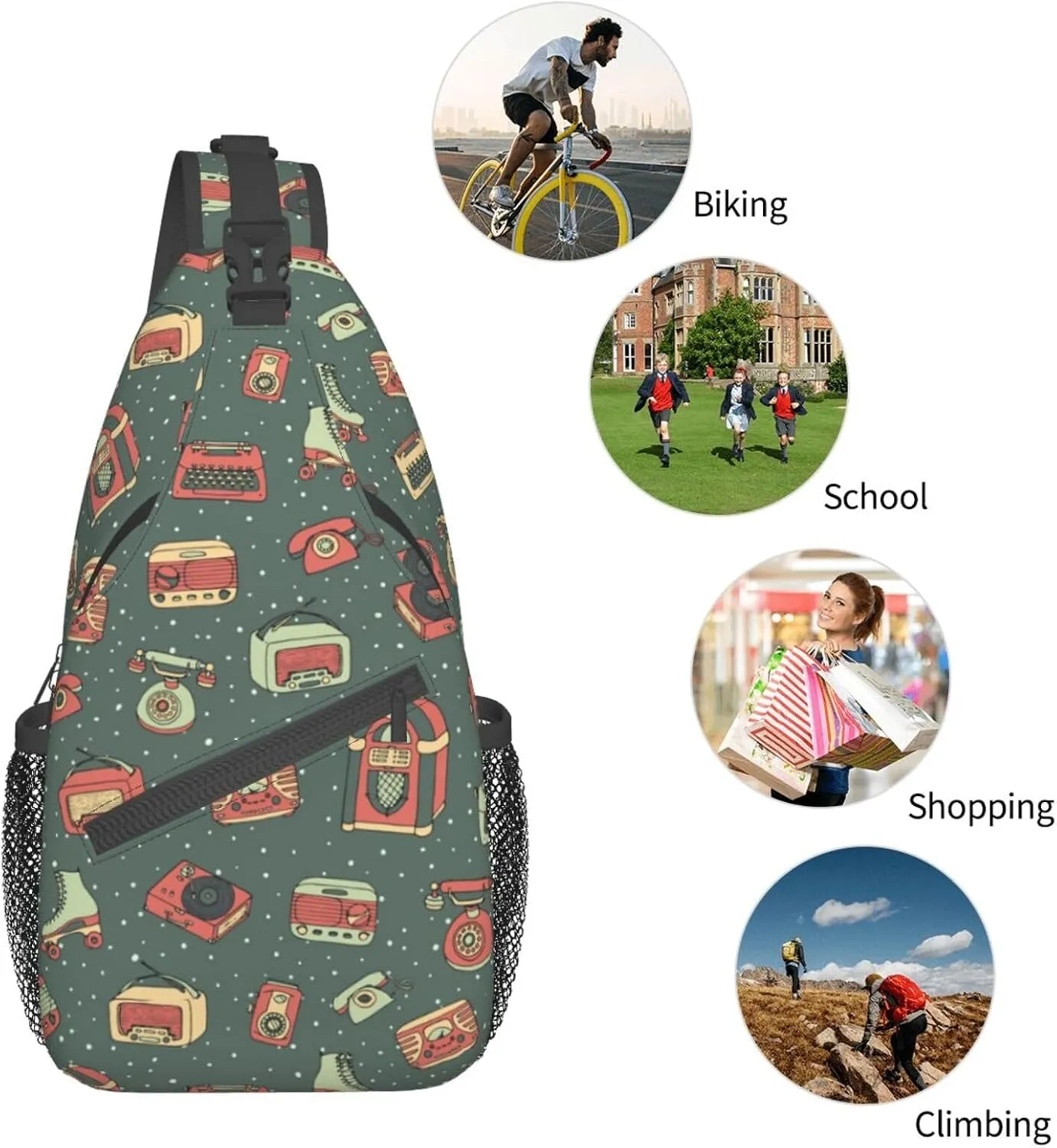 Retro Cassettes Crossbody Bag Recorder Shoulder Bag Backpack Retro Sling Bag Chest Casual Daypack Outdoor