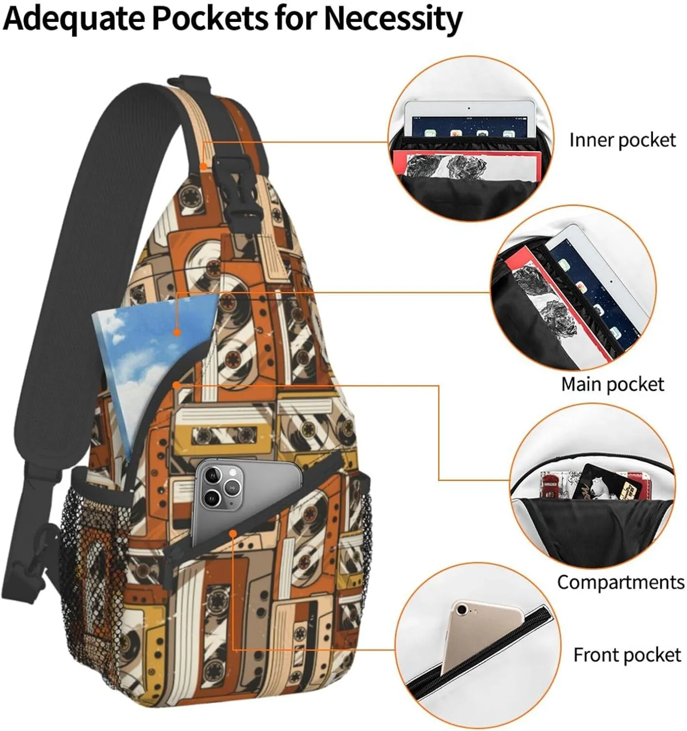 Retro Cassettes Crossbody Bag Recorder Shoulder Bag Backpack Retro Sling Bag Chest Casual Daypack Outdoor