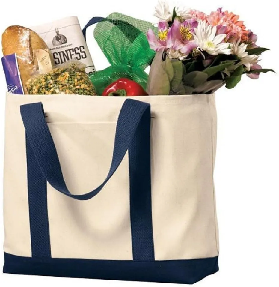 Reusable Grocery Tote Bags with Front Pocket Heavy Duty Canvas Shopping Totes for Beach, Travel, Picnics by TBF Bags (Navy)