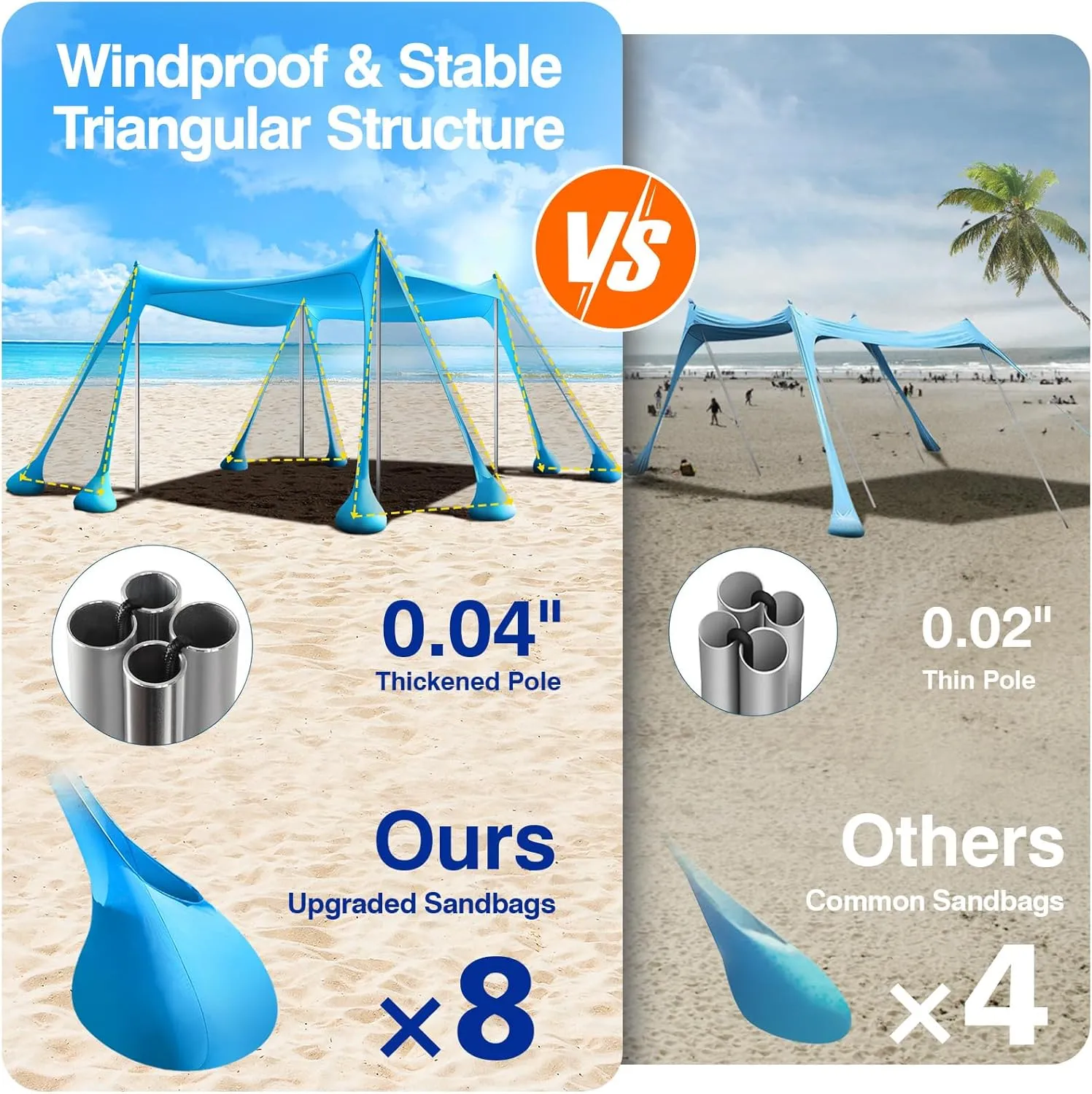 Rhino Valley Beach Tent Sun Shelter, Beach Canopy Tent Sun Shade UPF50  Protection with 8 Sandbags 4 Stability Poles, Outdoor Beach Shade Canopy for Beach, Camping, Fishing