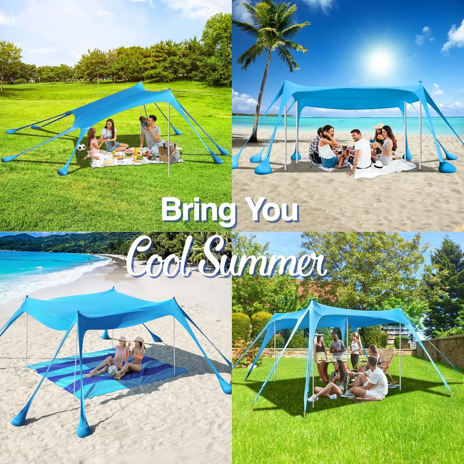 Rhino Valley Beach Tent Sun Shelter, Beach Canopy Tent Sun Shade UPF50  Protection with 8 Sandbags 4 Stability Poles, Outdoor Beach Shade Canopy for Beach, Camping, Fishing